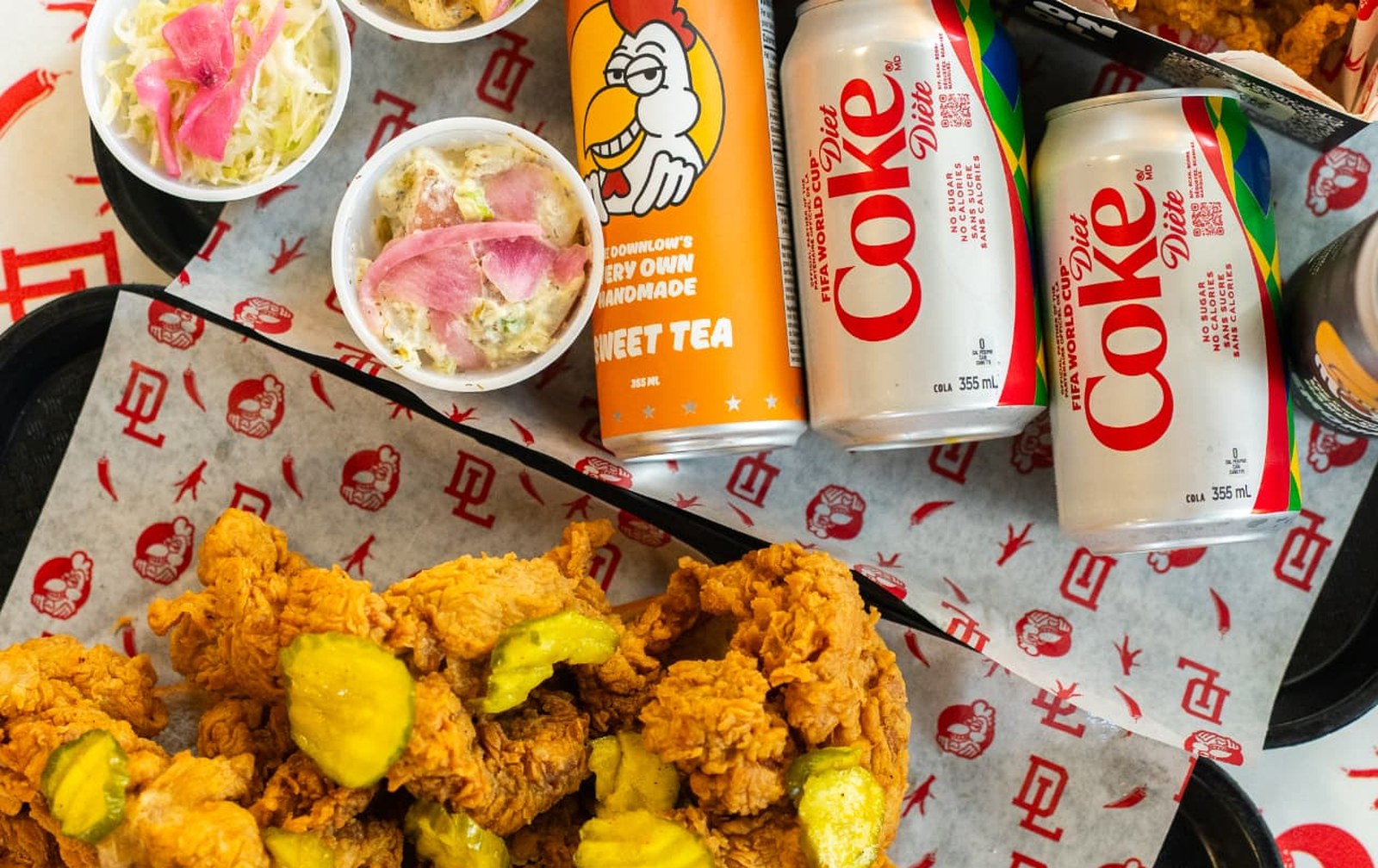 Tenders, signature pieces, fries, pickles and dips
